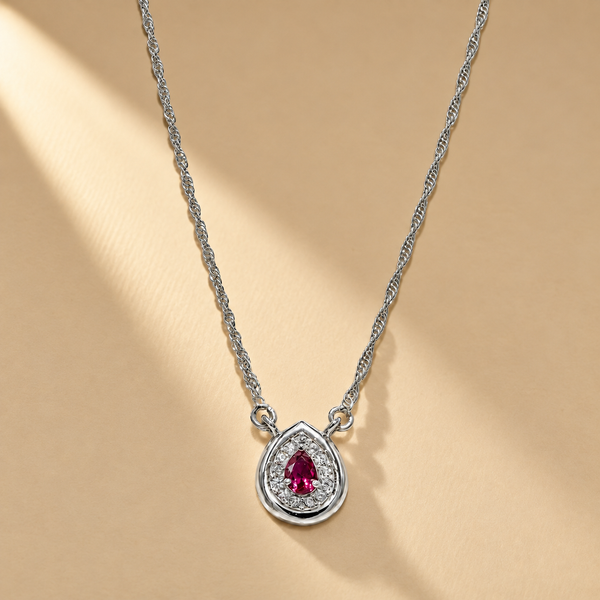 925 Sterling Silver Red Quartz & Moissanite Teardrop Chain Pendant