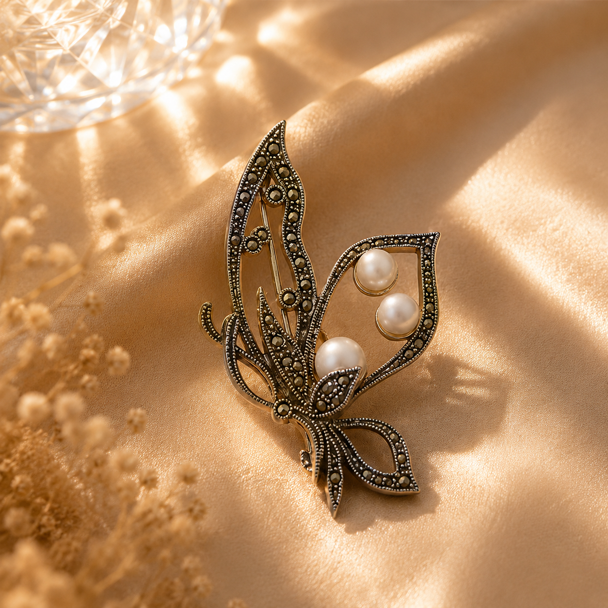 Leaf Design 925 Sterling Silver Pearl & Quartz Floral Brooch | Oxidized  Statement