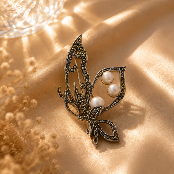 Leaf Design 925 Sterling Silver Pearl & Quartz Floral Brooch | Oxidized  Statement