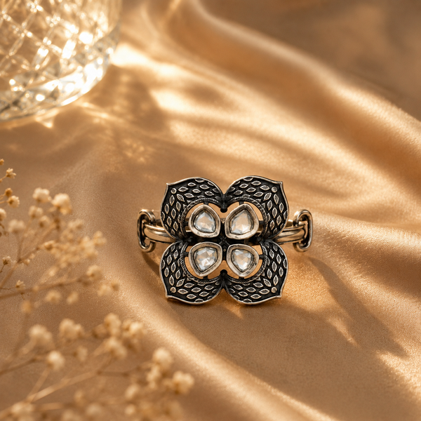 925 Sterling Silver Moissanite Floral Statement Ring | Hallmarked