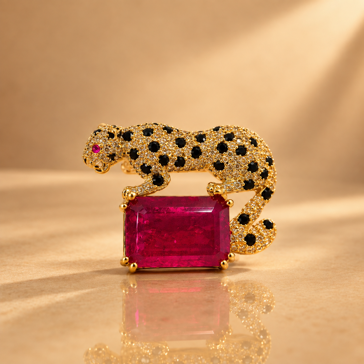 Royal Leopard Brooch with Ruby Pink Quartz Gemstone for Men