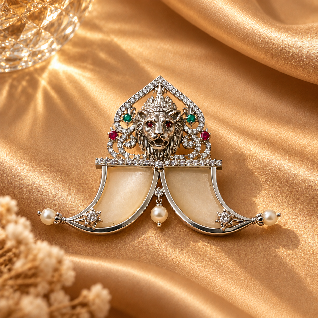 Lion 925 Sterling Silver with Pearl & Quartz Regal Statement Pendant | Hallmarked Jewellery