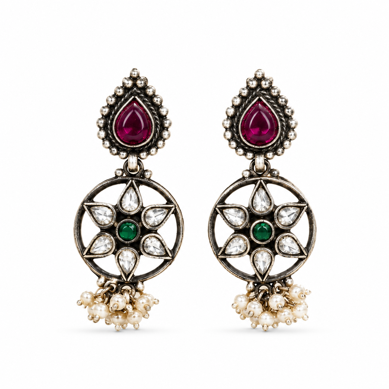 925 Sterling Silver Multicolor Drop Earrings with Red Pear & Green Round Stones, Polki Inspired Statement Jewelry