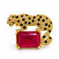 925 Sterling Silver Quartz Leopard Brooch | Red Gemstone Statement with Black Stone | Hallmerked