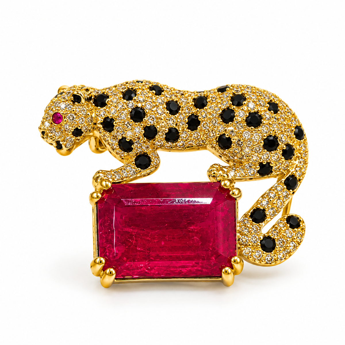 925 Sterling Silver Quartz Leopard Brooch | Red Gemstone Statement with Black Stone | Hallmerked