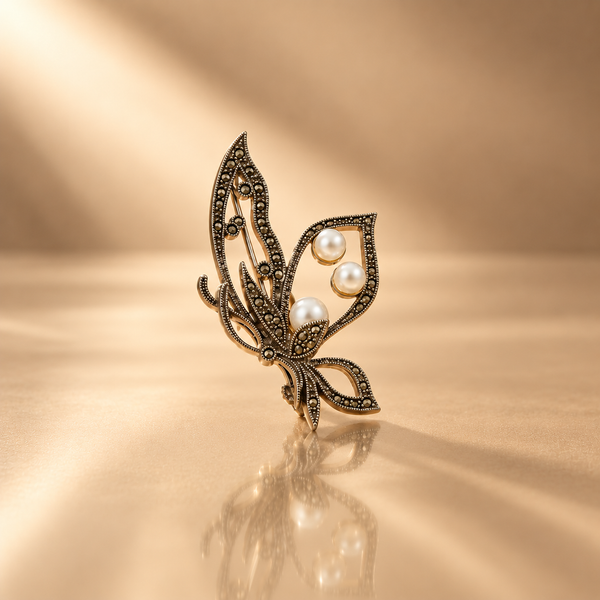 Leaf Design 925 Sterling Silver Pearl & Quartz Floral Brooch | Oxidized  Statement