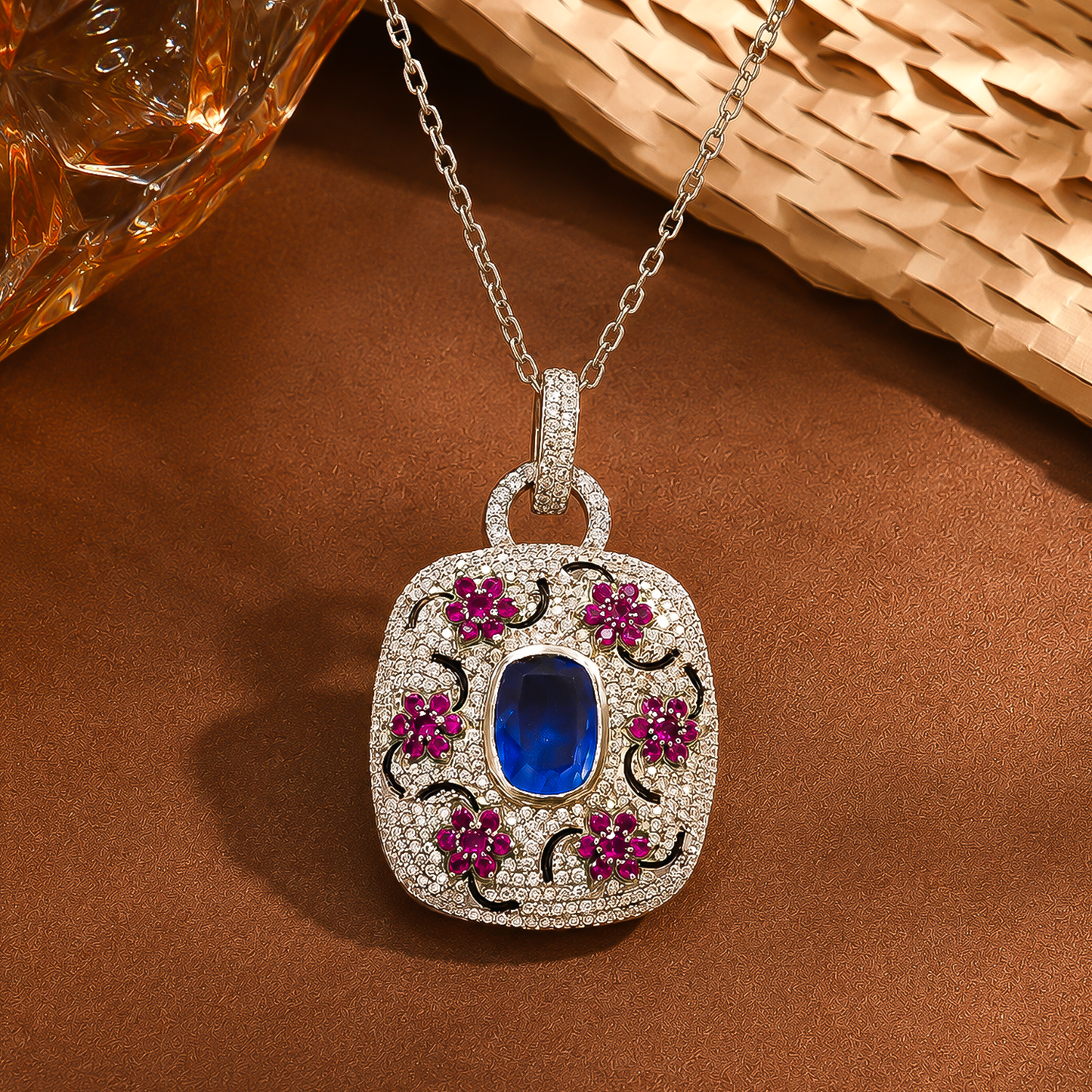 One-of-One 92.5 Silver Blue Stone Floral Motif Pendant Necklace