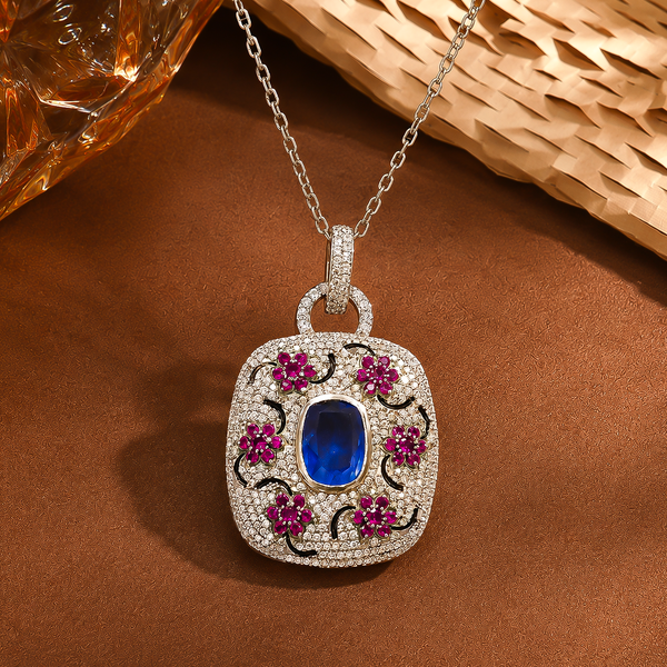 One-of-One 92.5 Silver Blue Stone Floral Motif Pendant Necklace