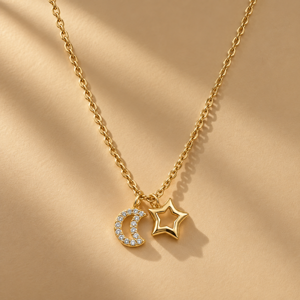 925 Sterling Silver Moon & Star with Moissanite Chain Pendant