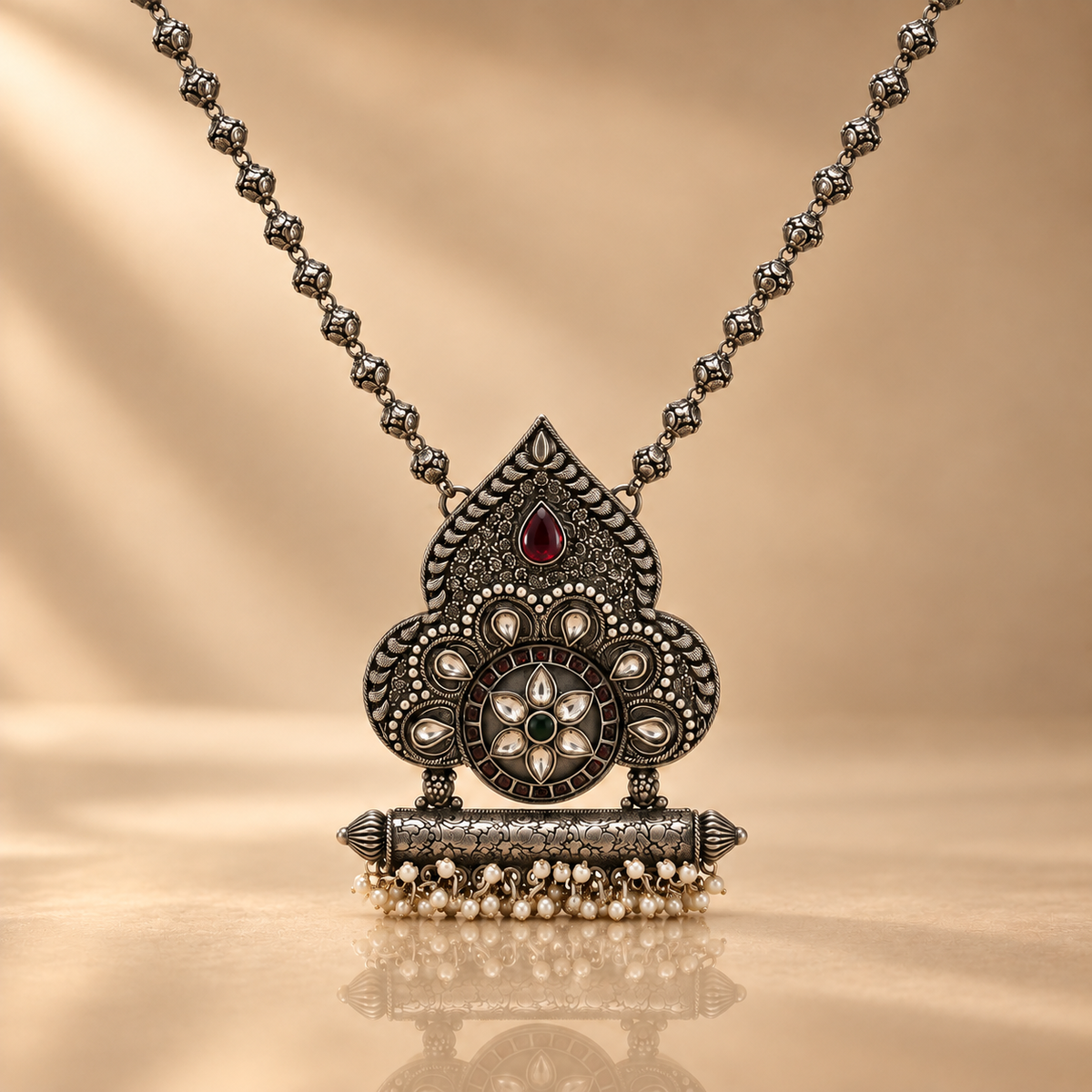 Antique Silver Pendant With Chain Ethnic Floral Jewelry Gift