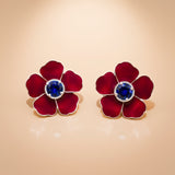 One-of-One 92.5 Silver Red Enamel Floral Stud Earrings with Blue Center