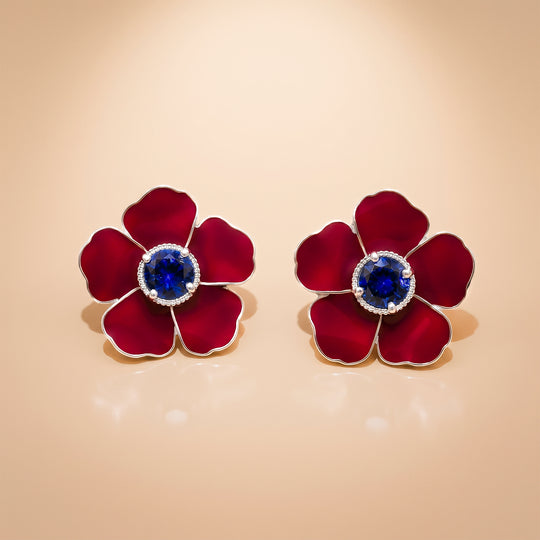 One-of-One 92.5 Silver Red Enamel Floral Stud Earrings with Blue Center