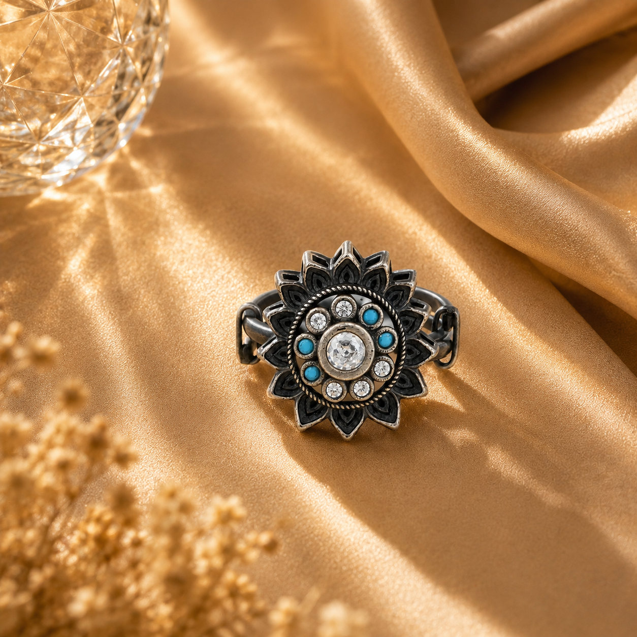 Floral Mandala Turquoise & Sparkling Stones Oxidized Vintage Cocktail Ring