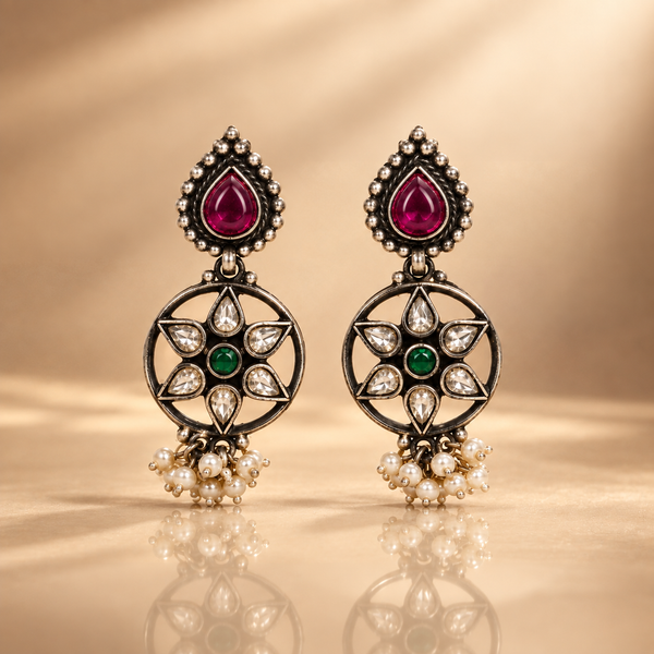925 Sterling Silver Multicolor Drop Earrings with Red Pear & Green Round Stones, Polki Inspired Statement Jewelry