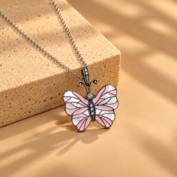 0.15 ct Natural Diamonds with 925 Sterling Silver Pink Butterfly Pendant