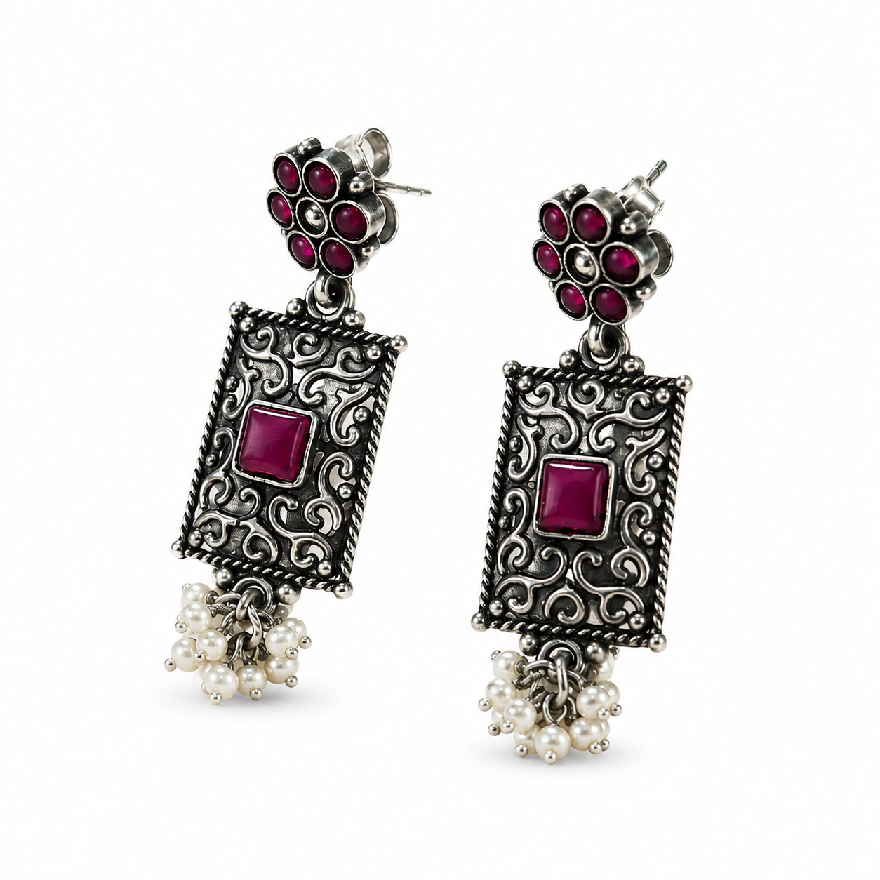 Ethnic Silver Oxidized Drop Statement Earrings with Pearl Dangles Hallmarked Jewellery