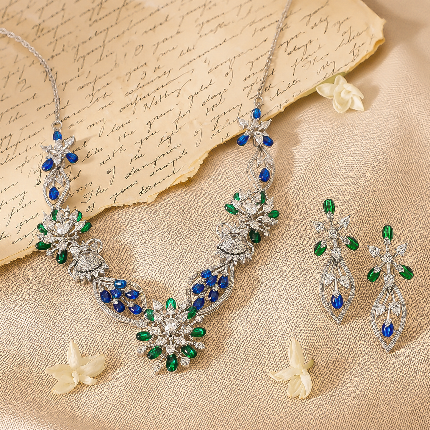 92.5 Sterling Silver Floral Cascade Necklace Set