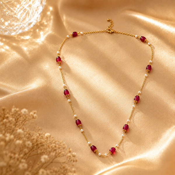 925 Sterling Silver Ruby & Pearl Long Statement Chain