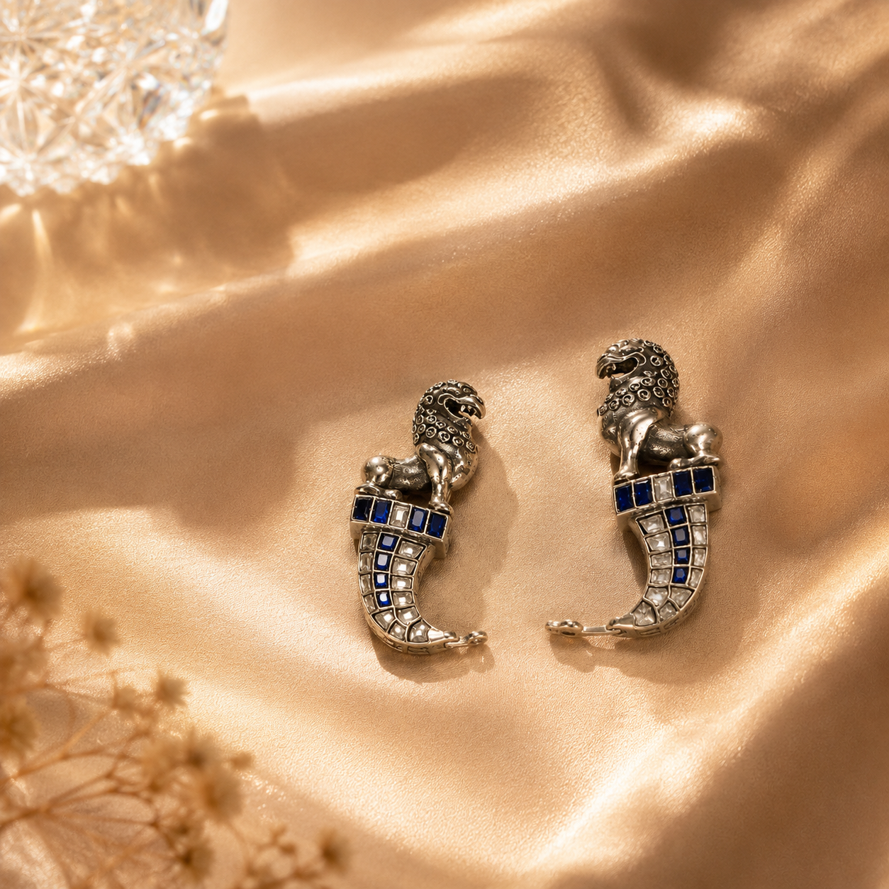 925 Sterling Silver Lion Hoop Earrings with Blue & White Moissanite and Polki | Statement Ethnic Jewelry