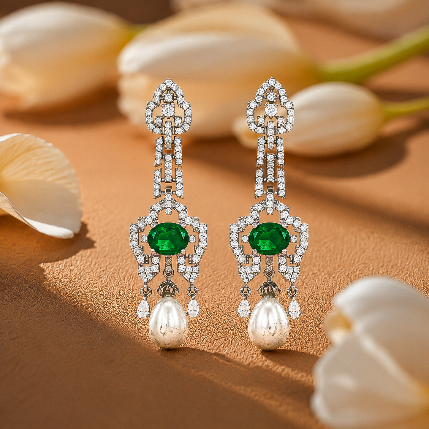 One-of-One Emerald Pearl Drop Earrings in 92.5 Silver