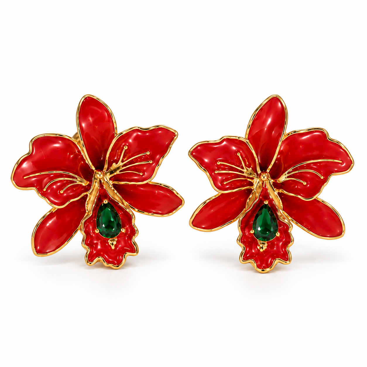 Red Floral Enamel Drop Earrings with Green Stone