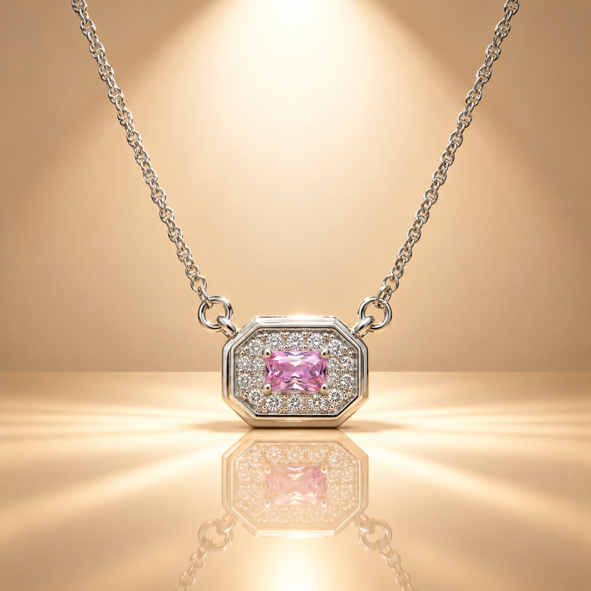 925 Sterling Silver Pink Quartz Moissanite Chain Pendant