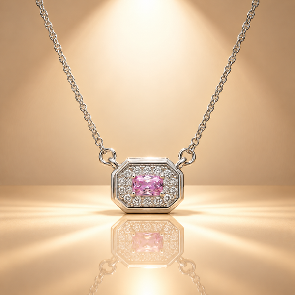 925 Sterling Silver Pink Quartz Moissanite Chain Pendant