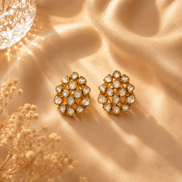 925 Sterling Silver Polki & Moissanite Stud Floral Statement Earrings