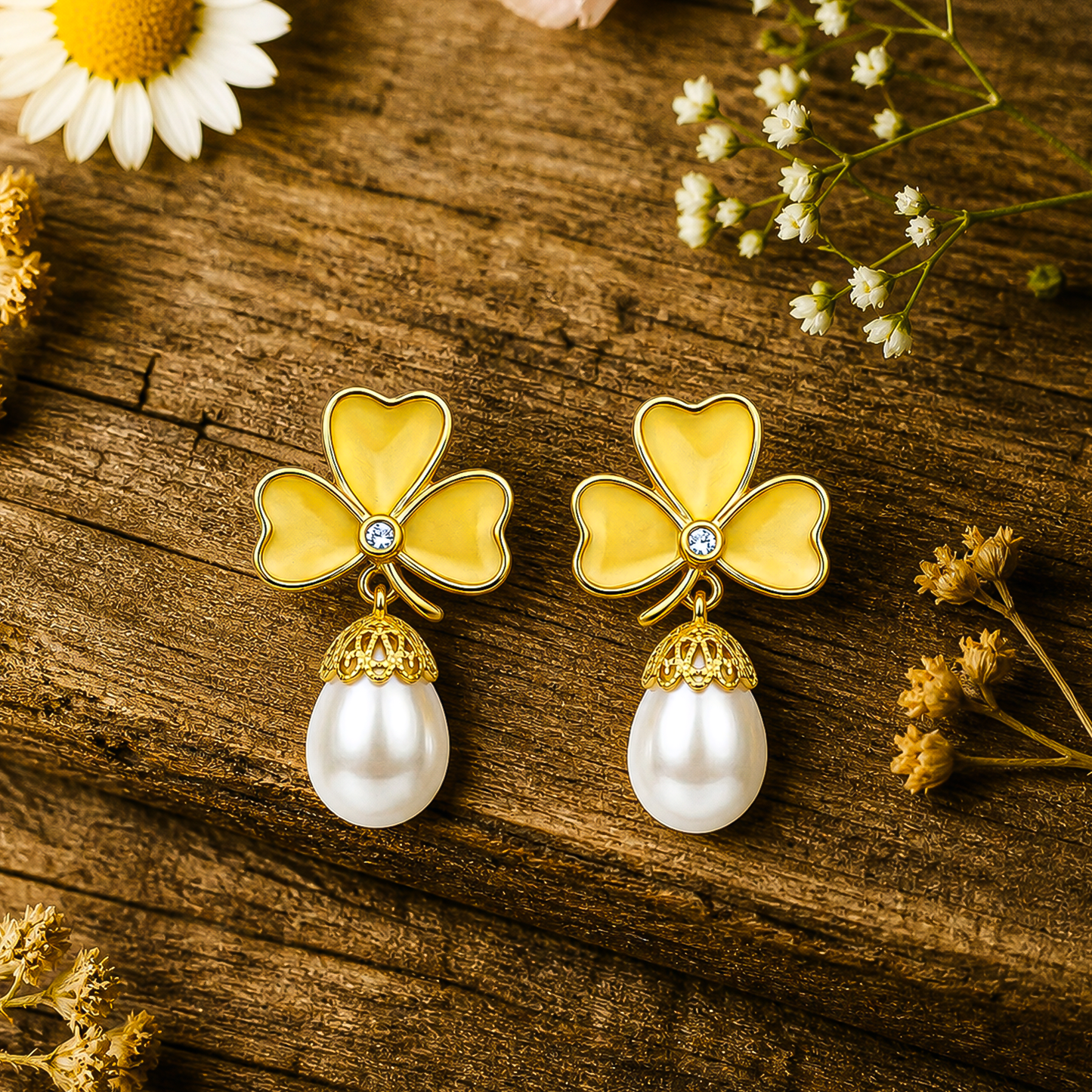 Yellow Clover Pearl Drop Earrings