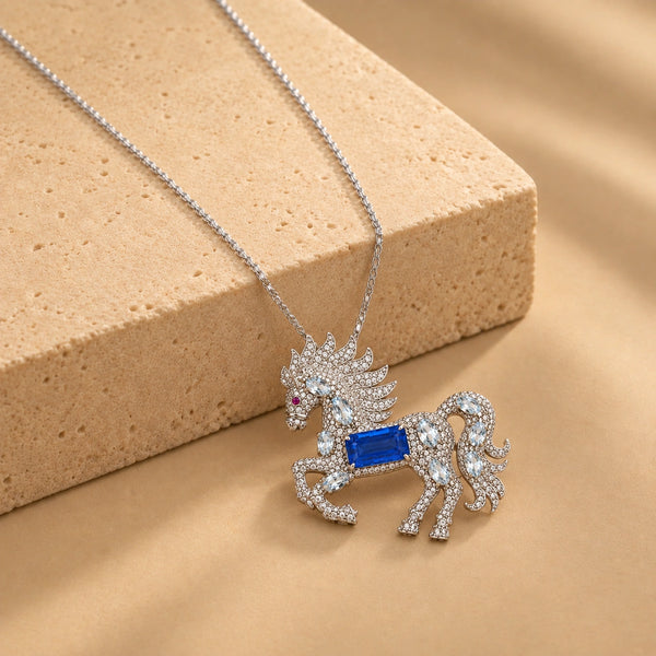 1.56 Ct Natural Diamond Winged Horse Pendant with & Blue Gemstone