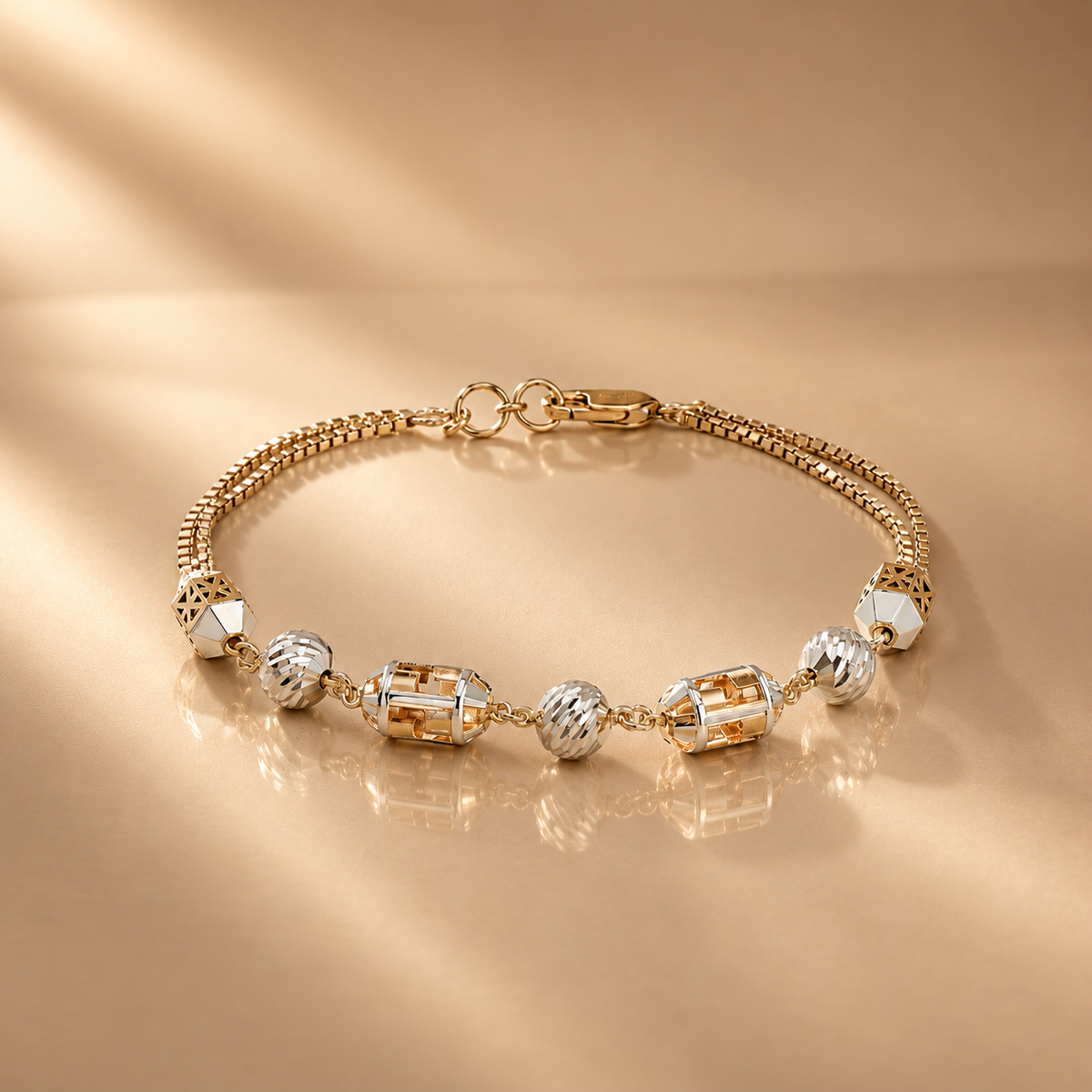 Rose Gold 925 Silver Barrel Beaded Double Chain Bracelet for Women