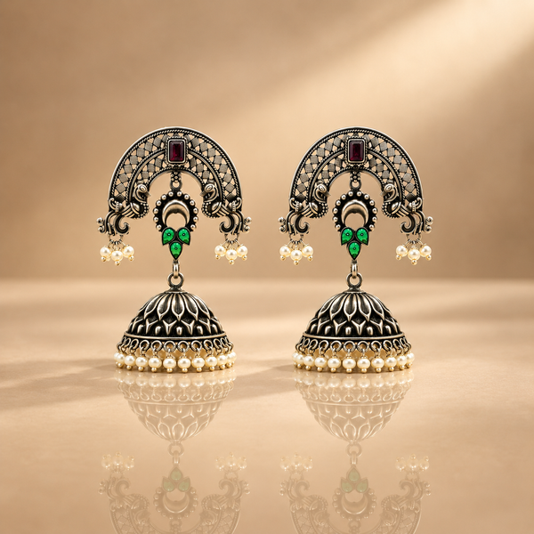 925 Sterling Silver Temple Jhumka Earrings With Enamel, Red Stone & Pearls