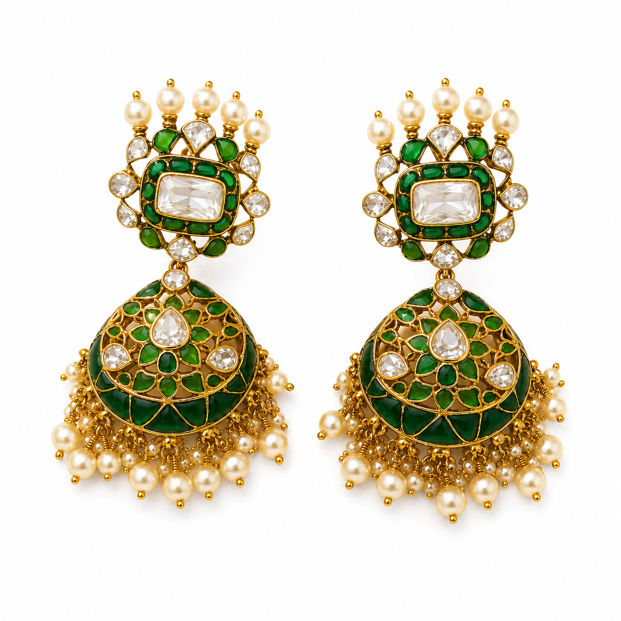 925 Sterling Silver Green Enamel, Polki & Moissanite Statement Jhumka Earrings