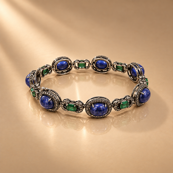 2.88 ct Natural Diamond & 925 Silver With Blue Sapphire & Emerald Bracelet