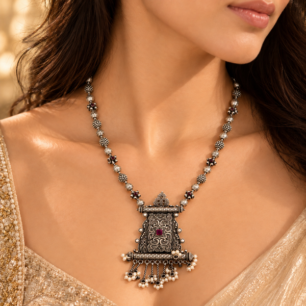 925 Sterling Silver Oxidized Statement Pendant with Red Square Stone & Pearl Dangles | Traditional Indian Jewelry