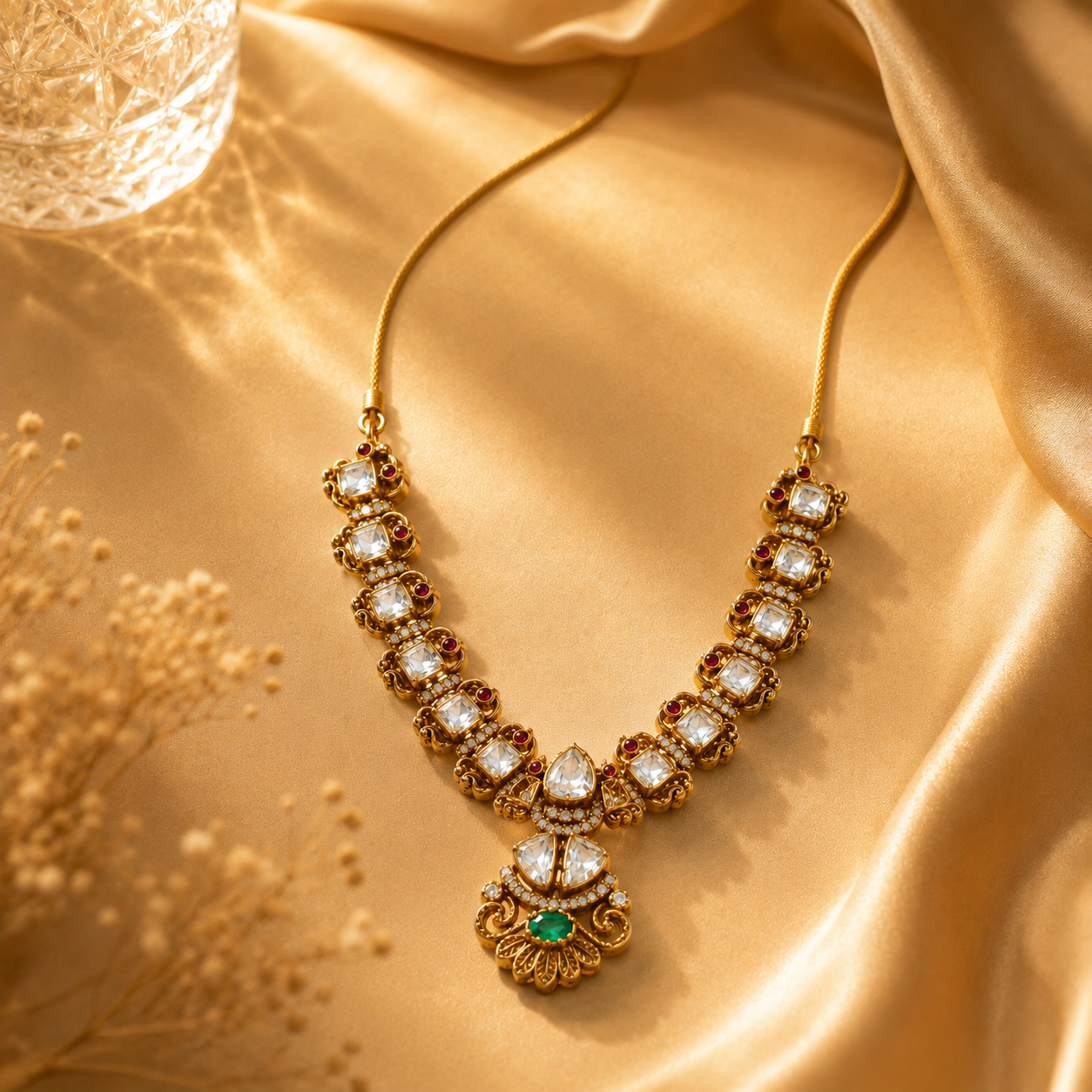 925 Sterling Silver Polki & Moissanite Traditional Designer Necklace
