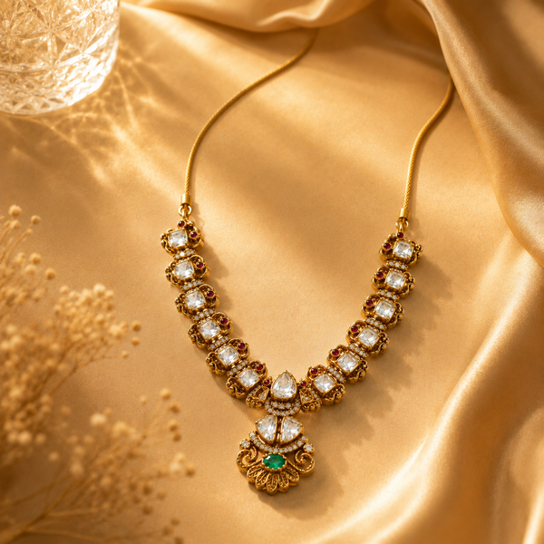 925 Sterling Silver Polki & Moissanite Traditional Designer Necklace