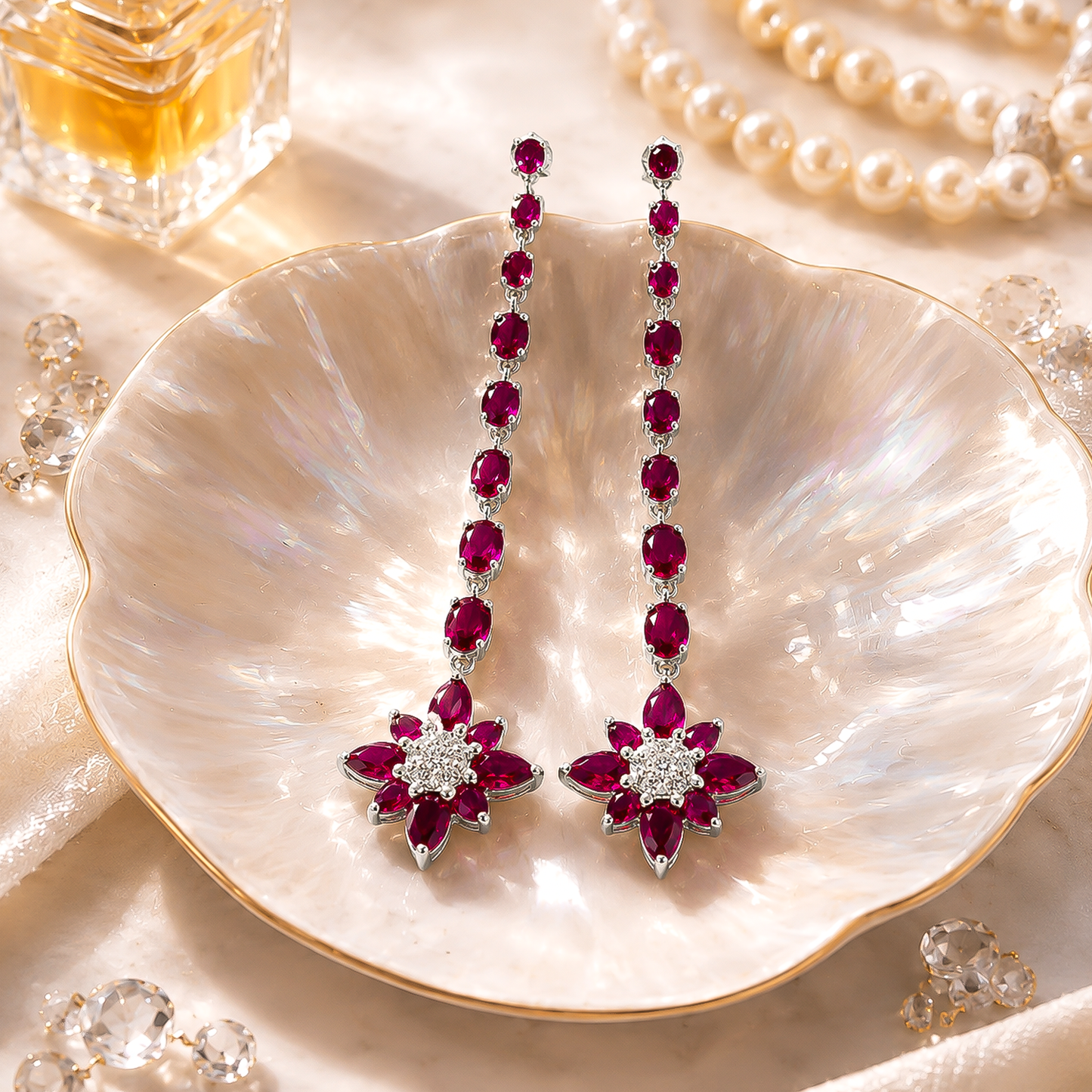 92.5 Silver Ruby Floral Drop Earrings