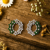 925 Silver Green CZ Floral Oval Earrings