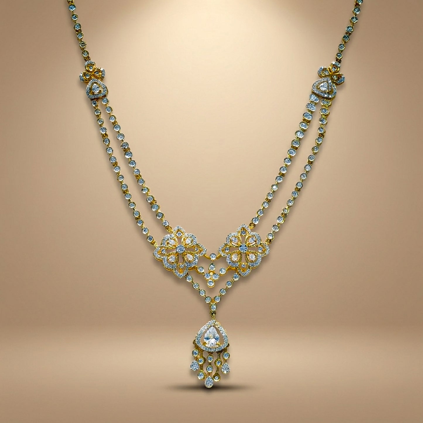 92.5 Sterling Silver Floral Necklace Set with Dual Motifs and Drop Pendant