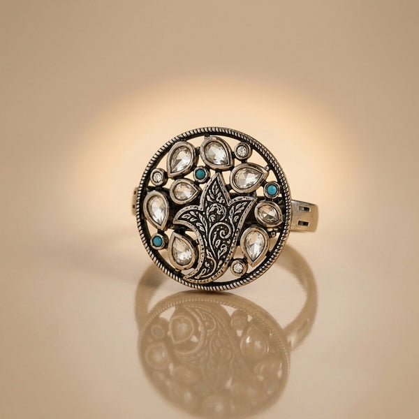 Floral 925 Sterling Silver Statement Ring with Pear-Cut White Stones & Turquoise | Hallmaked