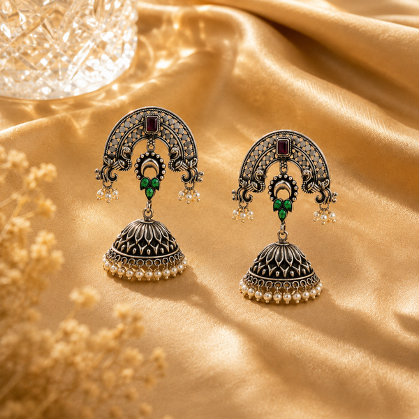 925 Sterling Silver Temple Jhumka Earrings With Enamel, Red Stone & Pearls