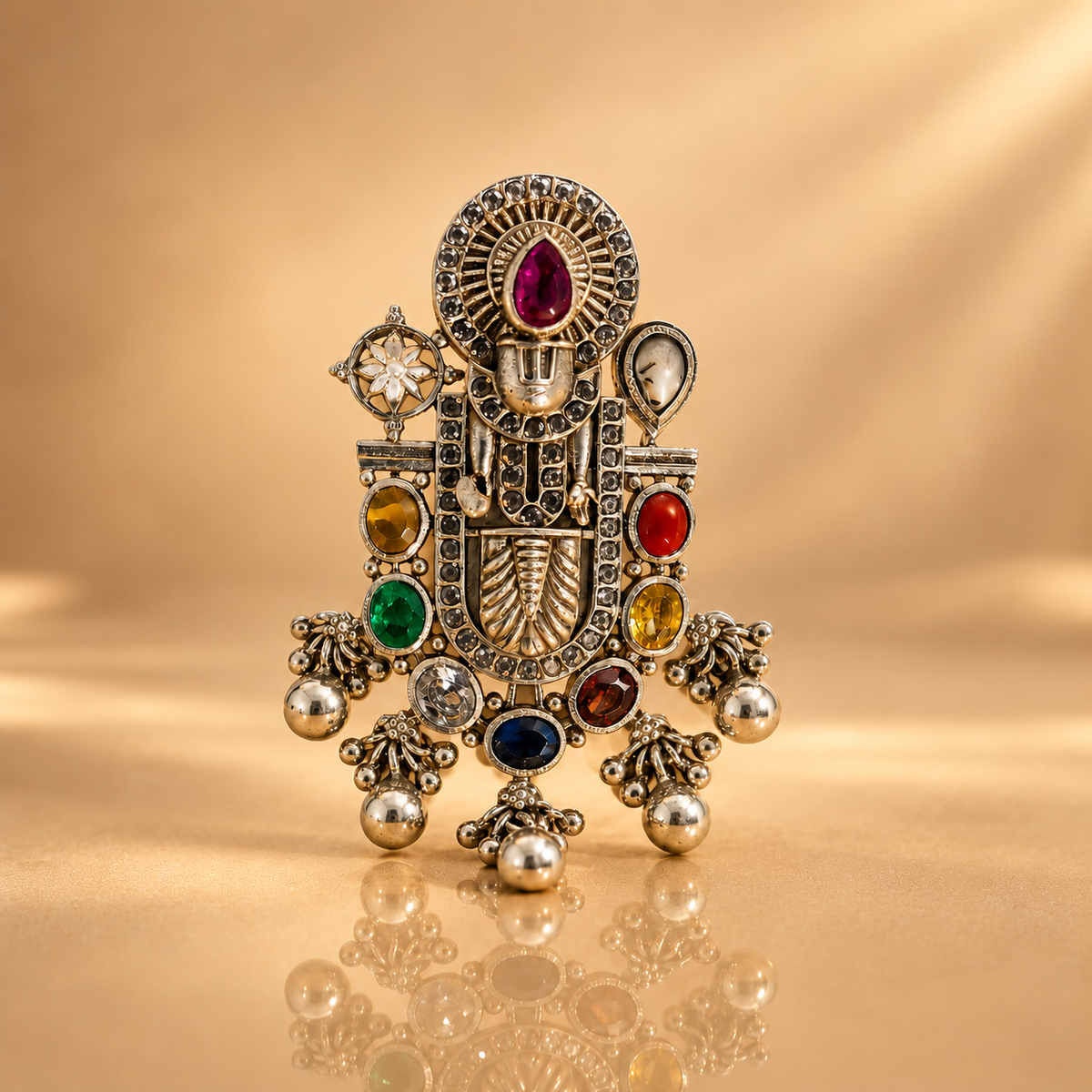 Regal Indian Temple Inspired Deity Motifs Multicolor Gemstones Statement Pendant
