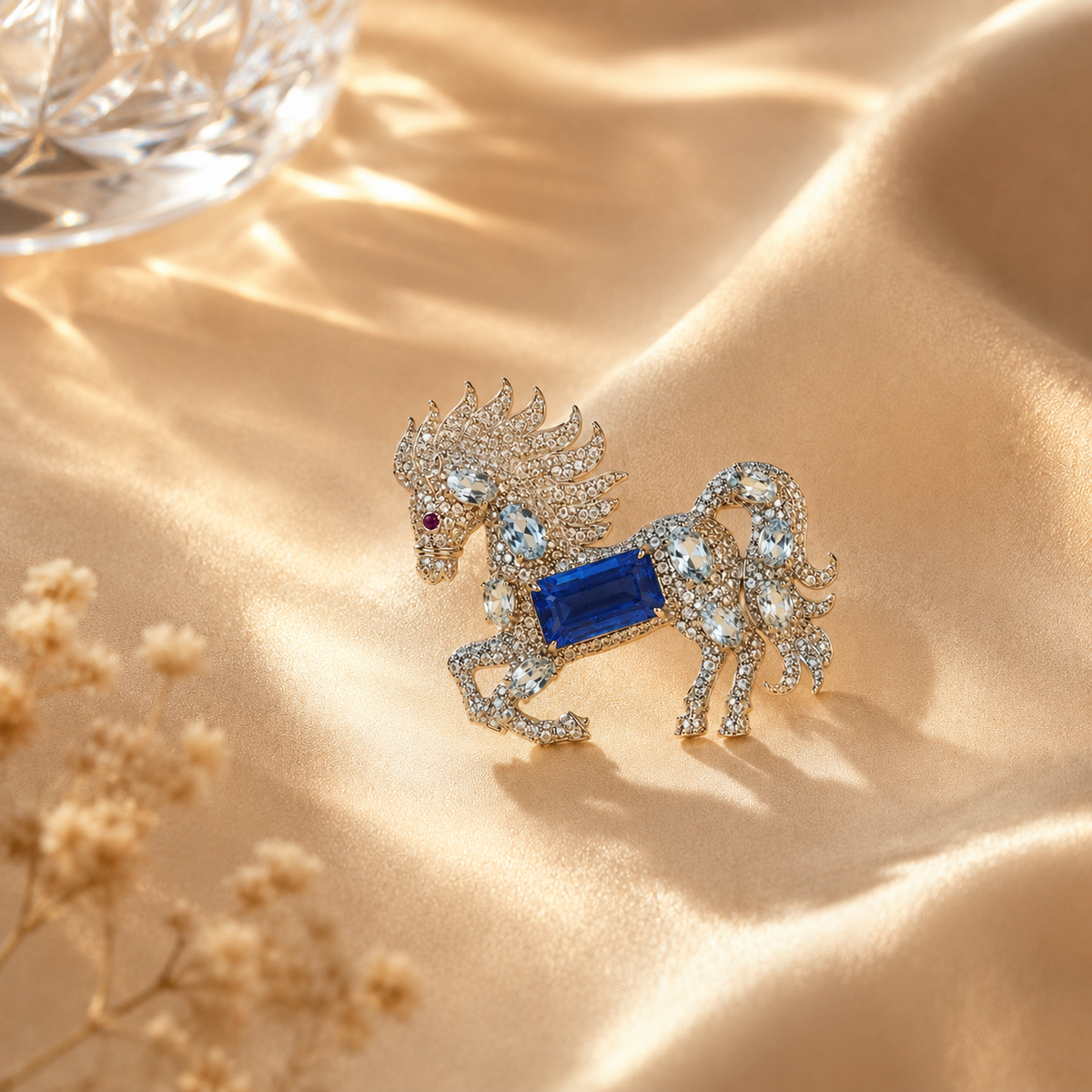 1.56 Ct Natural Diamond Winged Horse Pendant with & Blue Gemstone