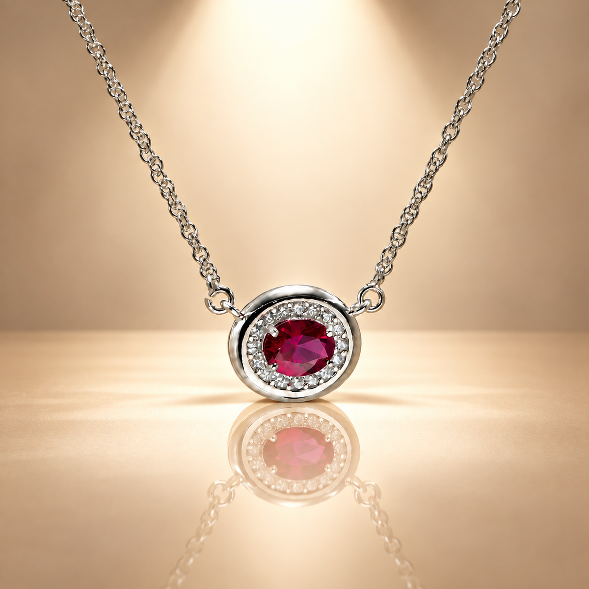Red Quartz Oval Halo Moissanite Pendant Chain