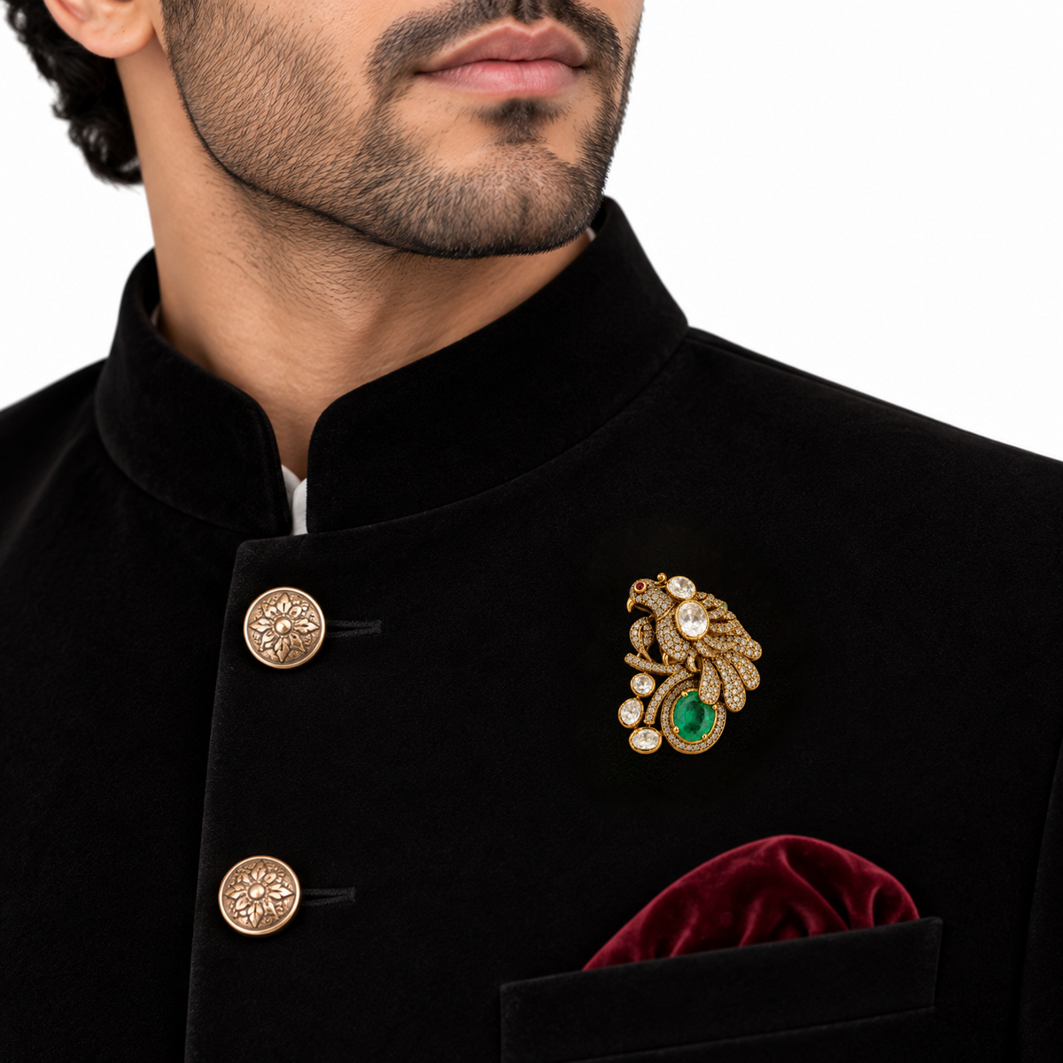 Luxury Bird Brooch with Green Quartz and Moissanite Crystal Jewels Gift for Men