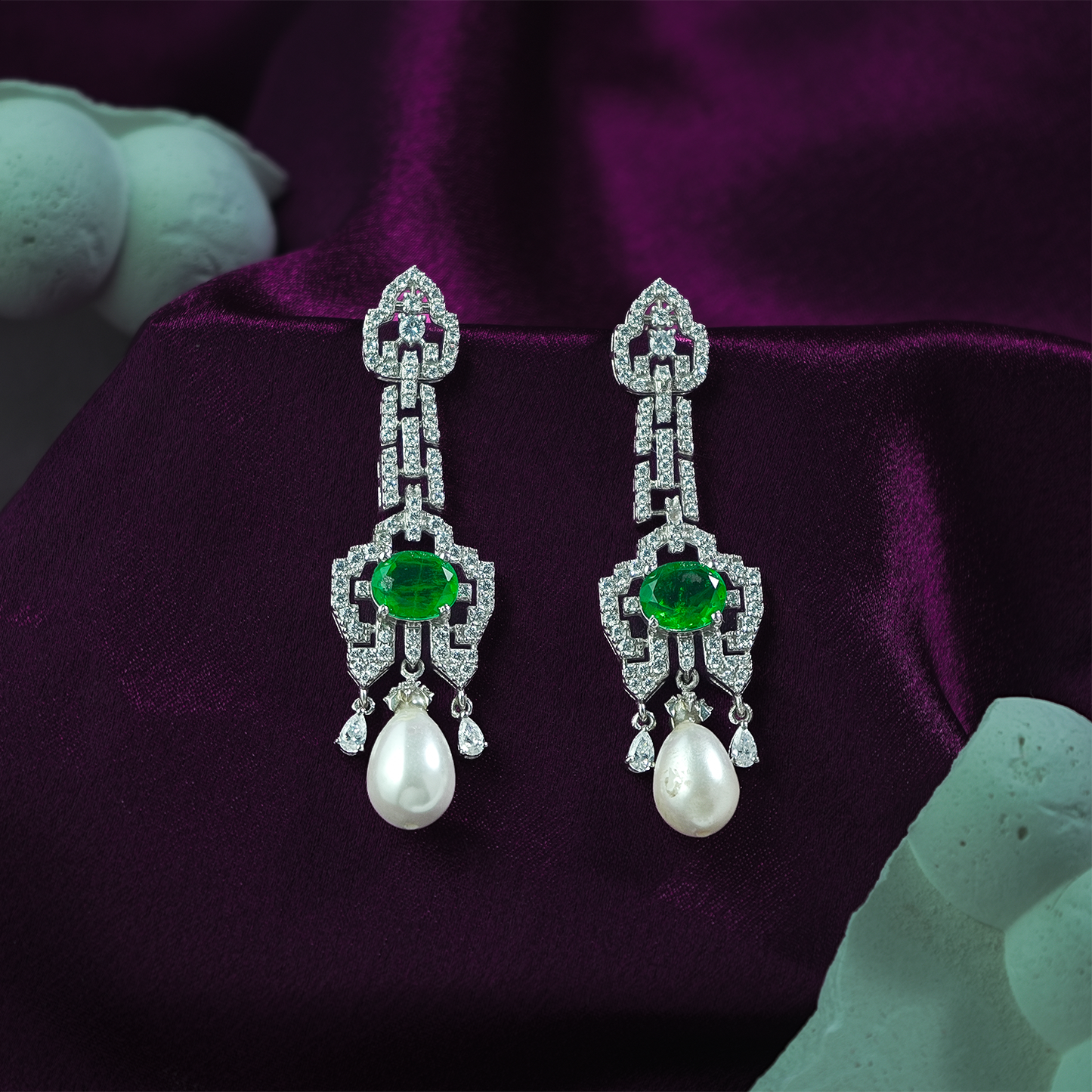 One-of-One Emerald Pearl Drop Earrings in 92.5 Silver