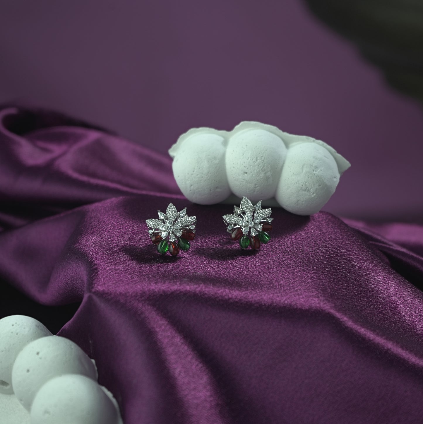 One-of-One 92.5 Silver Emerald Ruby Floral Necklace Set