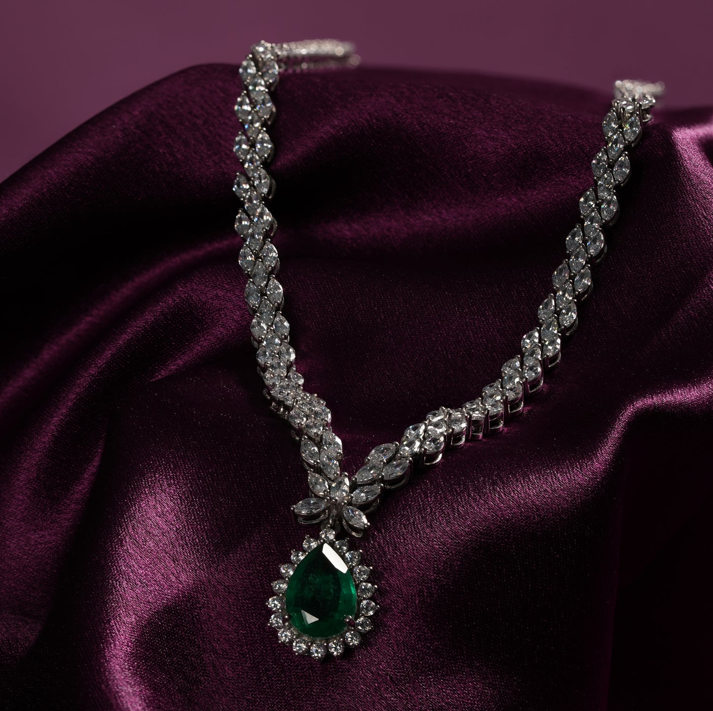 One-of-One 92.5 Silver Pear Emerald Drop Necklace Set