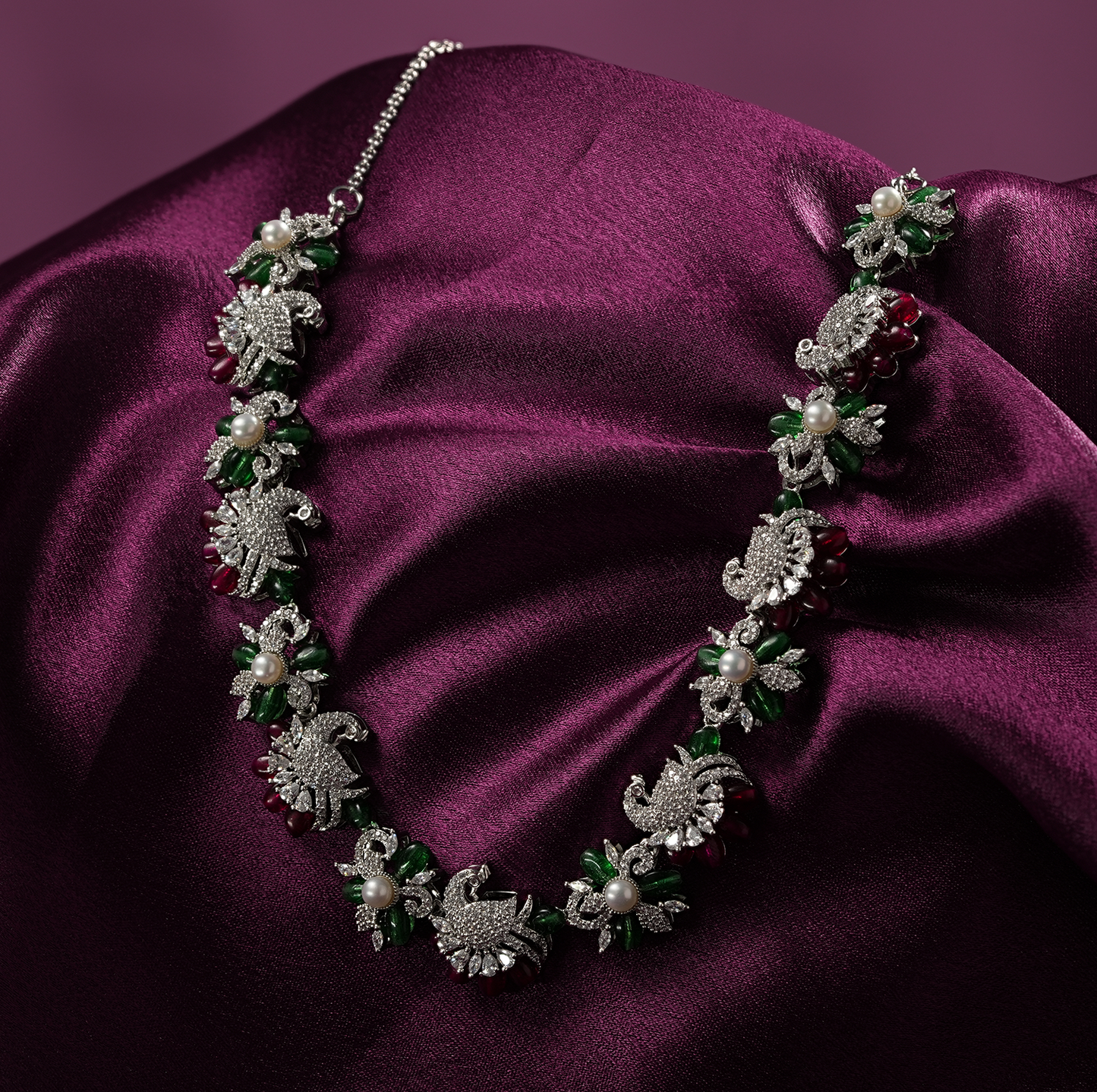One-of-One 92.5 Silver Emerald Ruby Floral Necklace Set